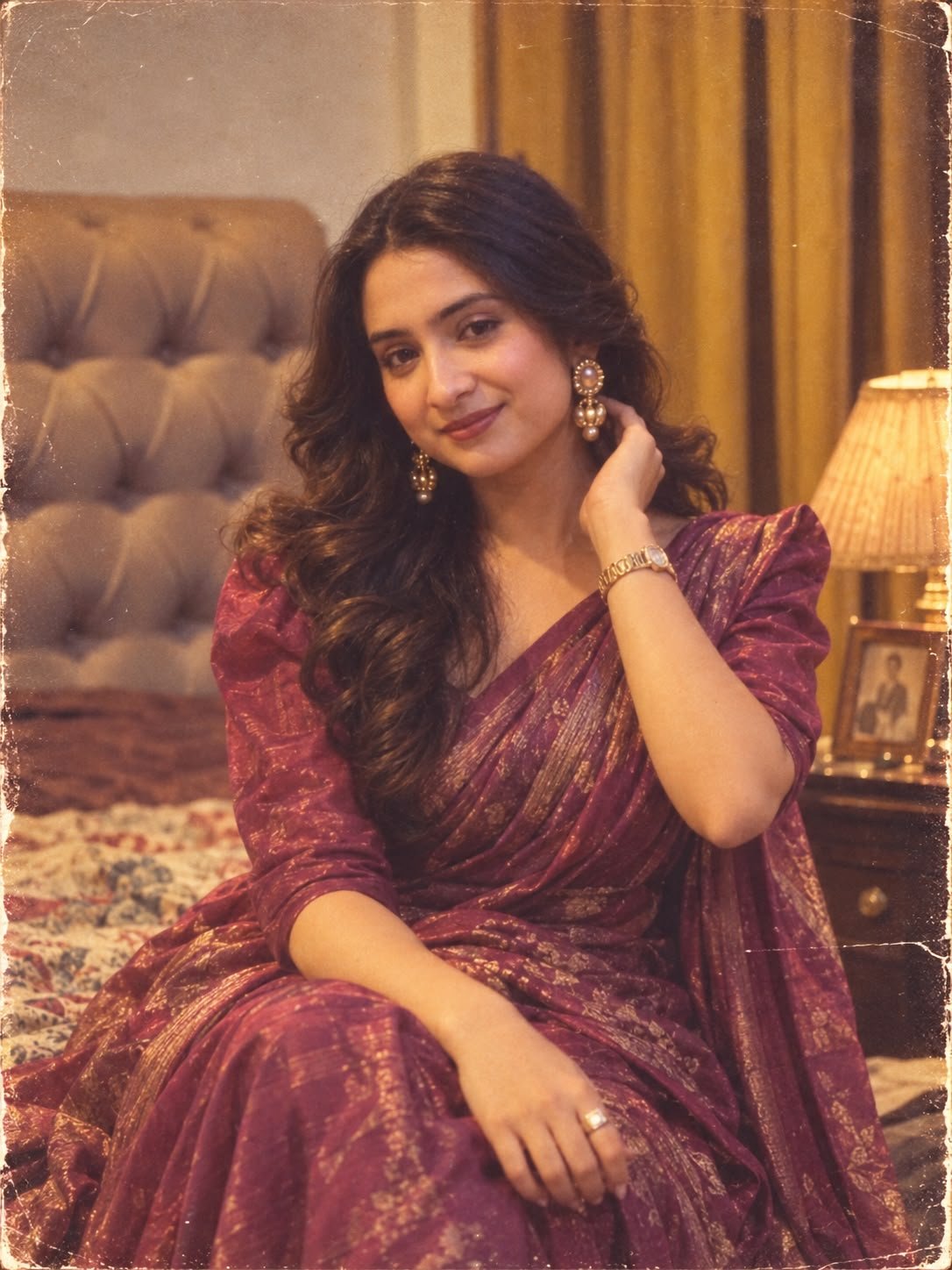 Ayesha in a burgundy sari, in a vintage-style portrait